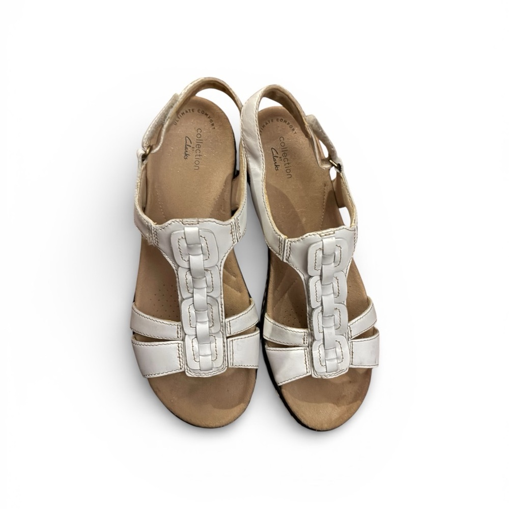 Clarks White T-Strap Leather Sandals
